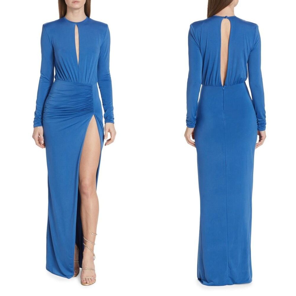 MICHAEL COSTELLO COLLECTION Emmit Draped Jersey Gown in Slate Blue US12 $729